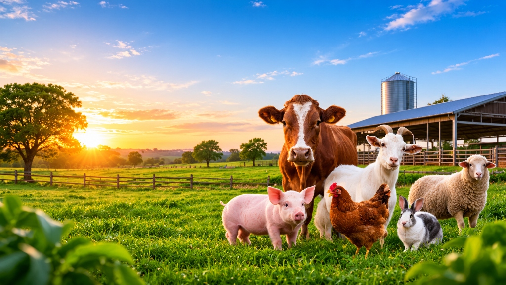 Lush green pasture with dairy cow, goat, sheep, piglet, hen and rabbit at golden hour