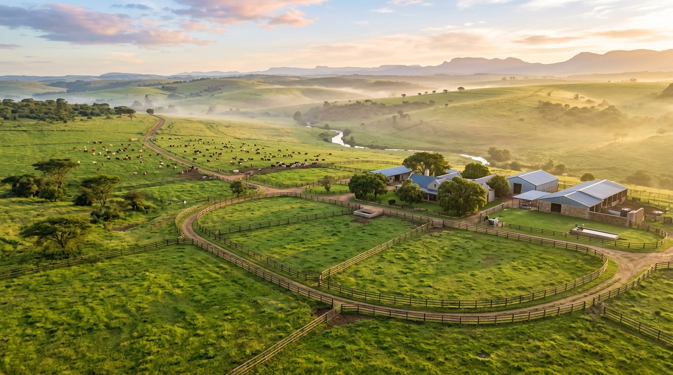 Aerial view of African pastoral livestock farm at golden hour sunrise