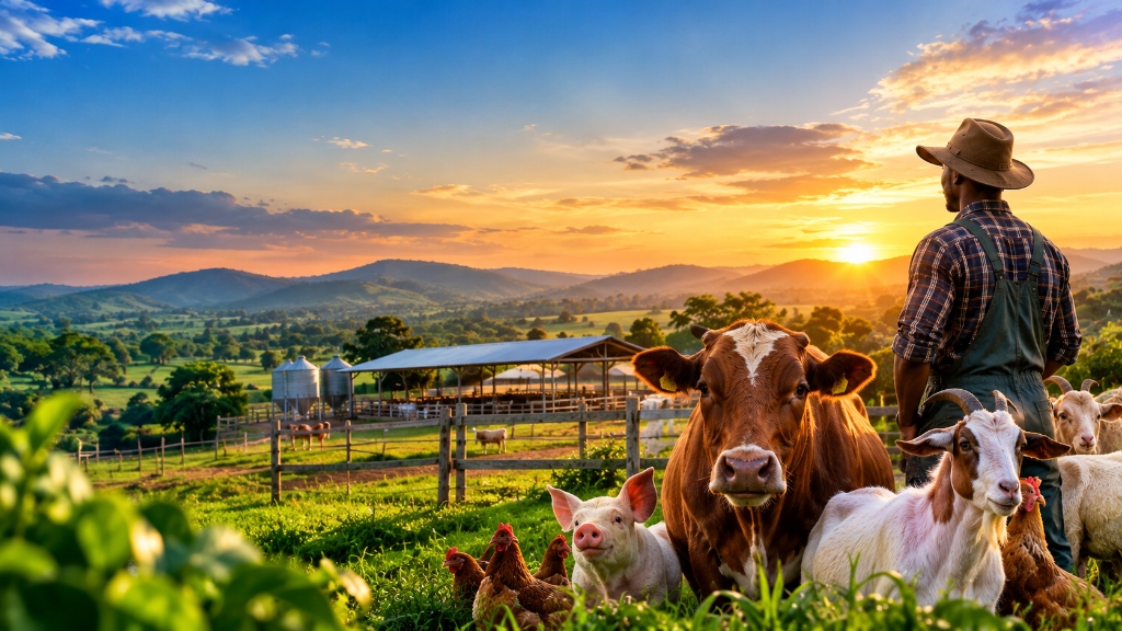 African livestock farmer overlooking rolling hills at sunrise with livestock